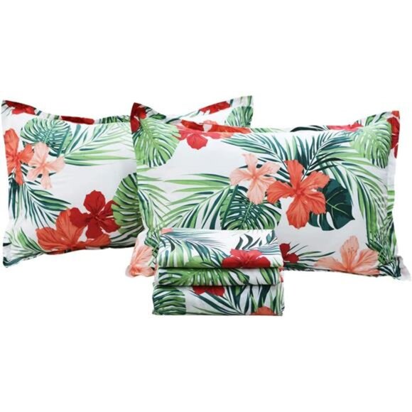 Green Floral Sheets Queen Size 100% Cotton Floral Bed Sheet Ultra Soft Tropical - Picture 1 of 7